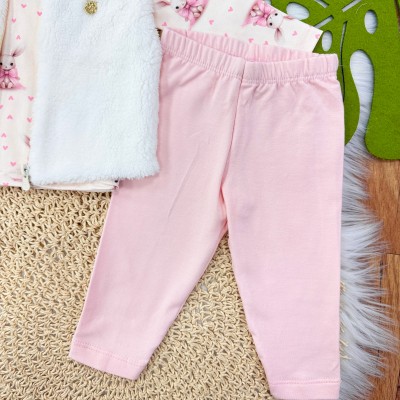 Conj. Colete de Pelinho, Blusa Coelhinha e Calça Legging - Rosa Bebê